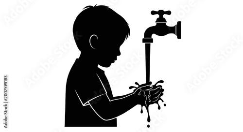 Silhouette of a young child washing hands under a water faucet.