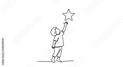 Minimalist continuous line drawing of a young child reaching for a star.