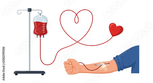 Blood Donation Bag Connected to Human Arm for Medical Transfusion and Healthcare Charity Campaign Illustration on White Background