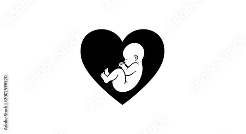Minimalist black and white icon of a human fetus inside a heart shape.