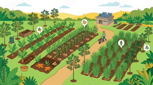 Vibrant Sustainable Farm Landscape Illustration Showcasing Eco-Friendly Agriculture, Solar Energy, and Diverse Crop Cultivation Under a Bright Sky