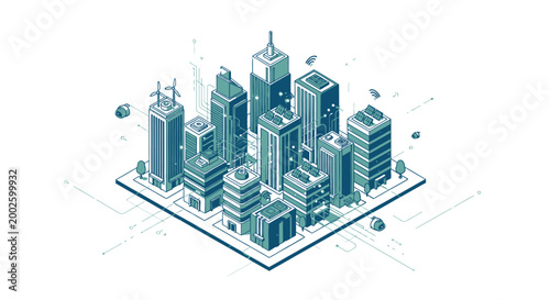 Modern smart city isometric illustration with skyscrapers, roads and urban buildings, futuristic metropolitan concept for real estate, infrastructure planning and business development projects