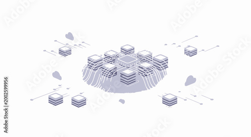 Isometric server database network illustration with connected storage cylinders and digital nodes, cloud computing technology concept for data centers and IT infrastructure projects