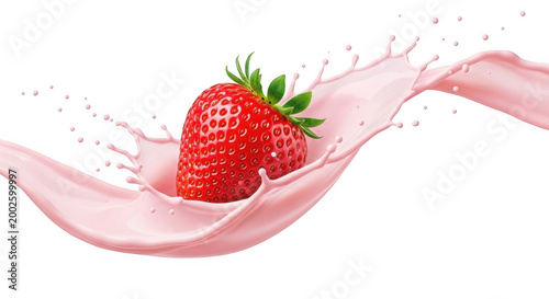 Fresh red strawberry splashing in creamy pink milk swirl isolated on transparent background