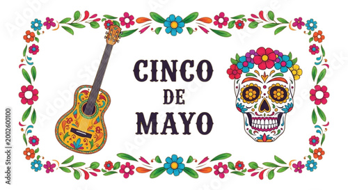 Cinco de Mayo Fiesta Guitar Skull Flowers Festive Celebration Mexican Holiday Marketing Design