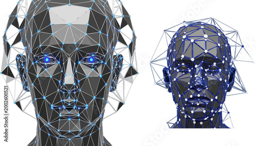 Futuristic artificial intelligence human head, low poly wireframe robot face with glowing blue eyes, 3D digital cyborg mesh vector illustration