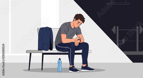 Tired man sitting on bench after work before workout, fatigue and lifestyle balance concept illustration