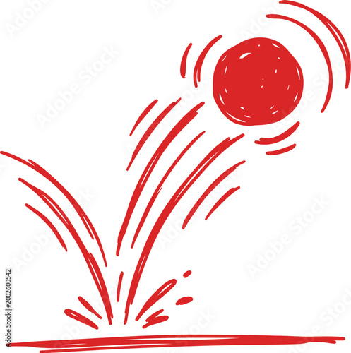 Hand drawn doodle vector icon notification dot bouncing like a ball with motion lines single color red white background illustration