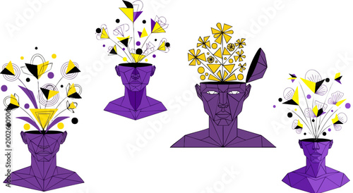 Mental health concept vector, purple human heads with blooming geometric flowers, psychological growth and mindfulness illustration set