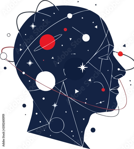 Futuristic human head profile with cosmic galaxy brain, abstract geometric mind with stars and planets, conceptual psychology and science vector