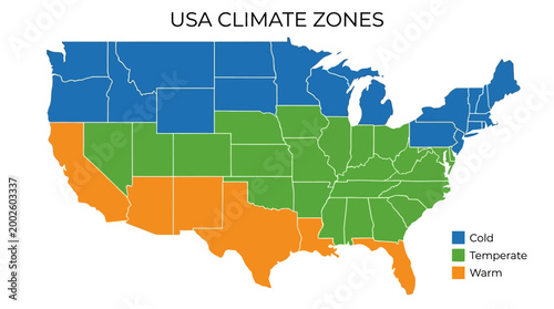 USA Climate Zones Map Showing Cold, Temperate, and Warm Regions Across the Country