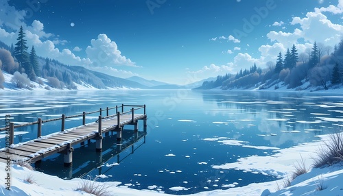 Serene lake with a wooden jetty during winter season.