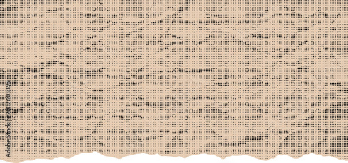 Crumpled distressed paper effect with halftone dot pattern on beige background abstract messy texture with creases and wrinkles isolated on transparent.