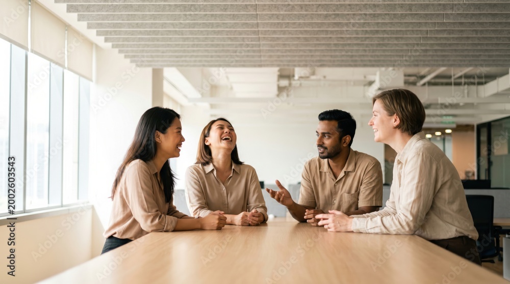Fototapeta premium Diverse Business Team Collaborating and Laughing in a Modern Office Meeting.