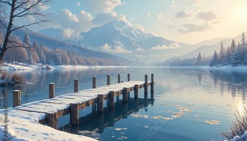Serene lake with a wooden jetty during winter season.