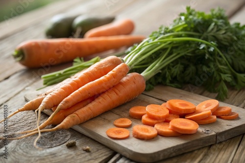 Fresh carrots rest on rustic wooden surfaces