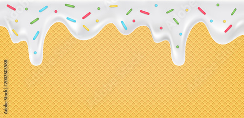 Light Golden Waffle Cone Texture with Dripping White Icing and Colorful Sprinkles Background