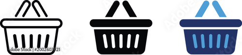 Shopping basket vector icon variants in black and blue flat style, editable grocery and ecommerce cart symbols collection for retail apps, supermarket branding and online checkout systems