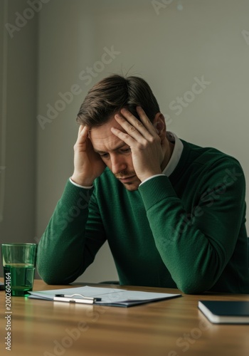 Stressed man in green sweater holding his head at a desk for workplace wellness, mental health support and employee burnout awareness resources in a quiet office setting