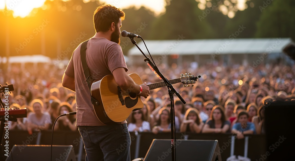 Fototapeta premium Bearded Guitarist Performing Live on Stage with a Crowd at Sunset