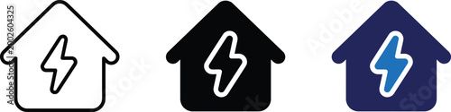 Smart energy control vector icon variants with house and lightning symbols in black and blue flat style, editable home automation and power management icons for IoT apps and dashboards