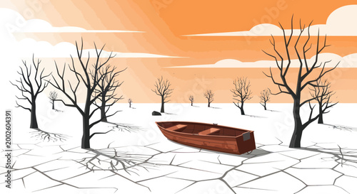 Abandoned wooden boat in dry land.