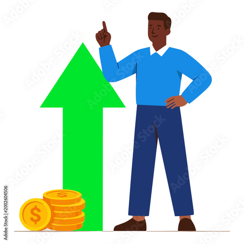 A man points upwards next to a green arrow and gold coins.