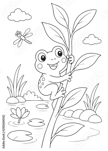 coloring book playful frog climbing a leafy plant stem