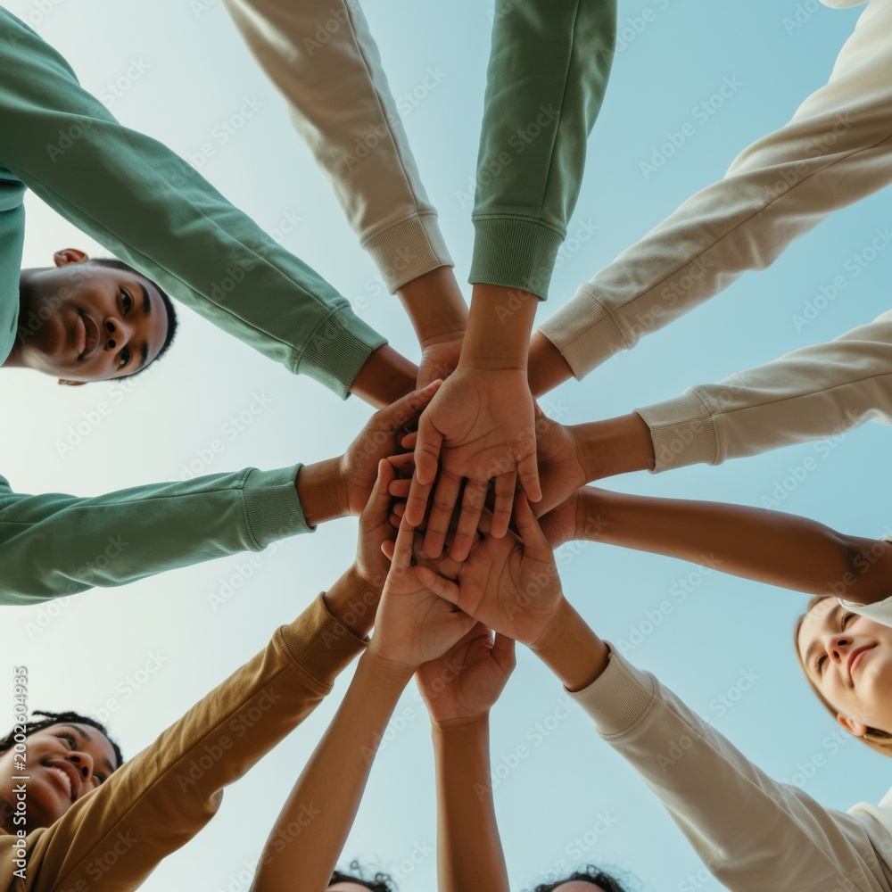 Obraz premium Diverse group of peoples hands stacked together in a circle viewed from a low angle for youth community solidarity, social activism and collaborative team building