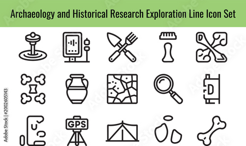 Archaeology and historical research exploration line icon set