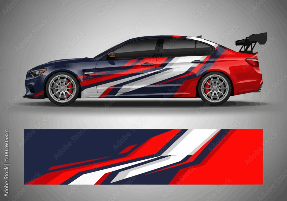 Obraz premium Modern racing car wrap design with red and blue graphics