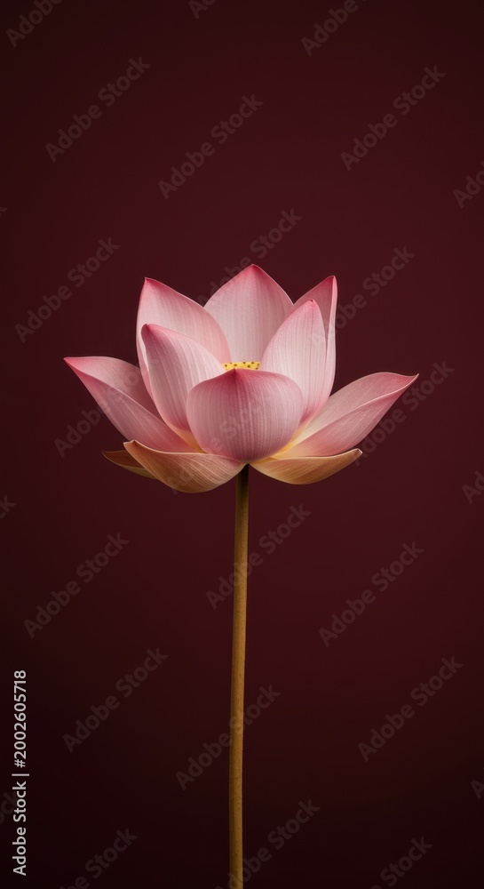 Fototapeta premium Pink lotus flower blooming on a long stem against a dark crimson background for wellness brand editorial, luxury spa advertising and floral art decoration