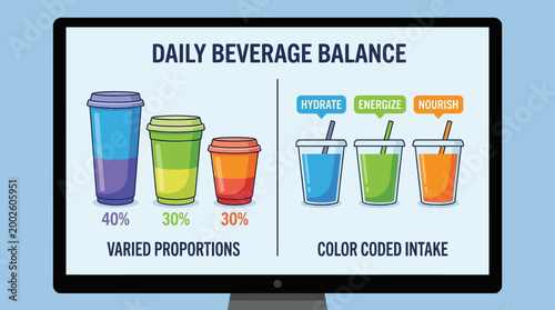 Infographic Illustrating Daily Beverage Balance with Color-Coded Intake and Varied Proportions