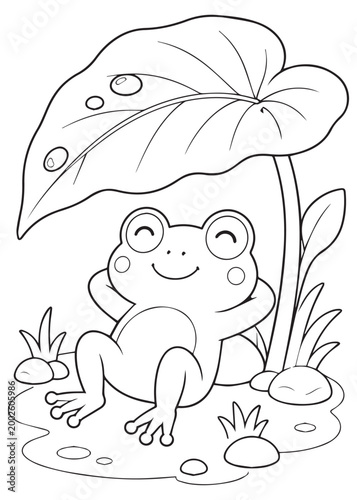 coloring book cozy frog resting under a large leaf
