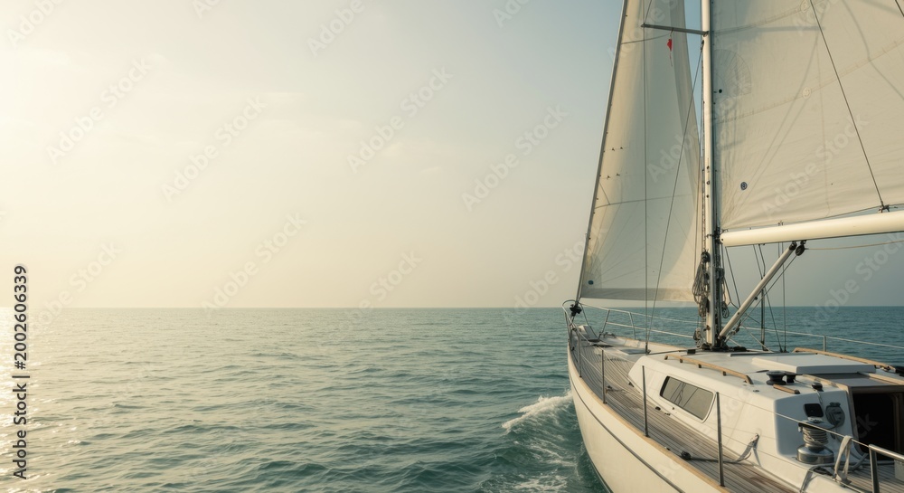 Fototapeta premium Large off-white sailing yacht navigating through calm ocean waves for luxury travel brochures, nautical lifestyle advertising and coastal vacation editorial background