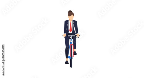 Professional woman riding a bicycle wearing a suit and tie representing daily commute and sustainable transportation conveying a message of active lifestyle and eco friendly commuting for