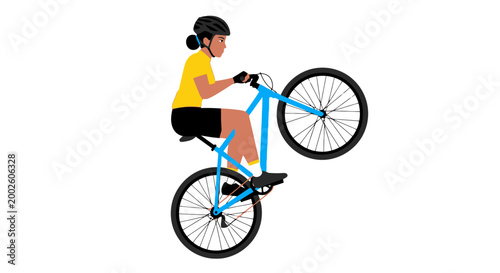 Skilled person riding a bicycle and performing a wheelie trick with one wheel lifted off the ground showcasing balance and athletic ability in an outdoor environment for action sports