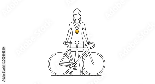 Celebratory line art depiction of a victorious female cyclist adorned with a gold medal standing proudly beside her racing bicycle after a successful competition symbolizing achievement and