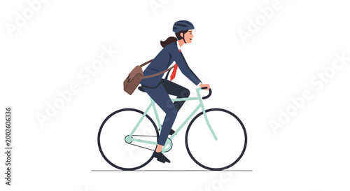 Professional woman in a helmet and suit riding a bicycle with a messenger bag commuting to work or cycling for transport on a bright day