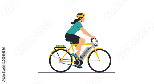 Fit woman enjoying a pedal powered journey on a yellow electric bicycle equipped with battery power for extended adventures cycling for recreation and commuting outdoors on a sunny day wearing