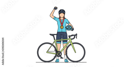 A female cyclist celebrates athletic achievement with a medal around her neck and helmet in hand standing proudly next to her bicycle after a successful competition or race conveying victory and
