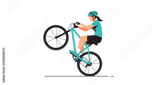 Skilled cyclist performs an impressive wheelie trick on a bicycle demonstrating balance and control while riding upright on the rear wheel perfect for showcasing extreme sports and outdoor