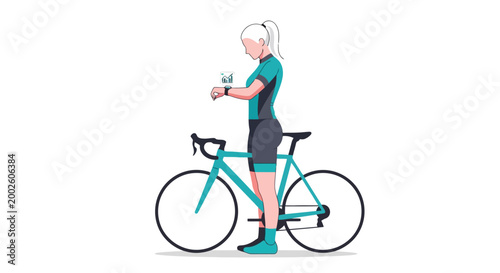 Athletic woman in cycling apparel checking her wrist device while standing beside her bicycle preparing for outdoor exercise and training activities for fitness and health