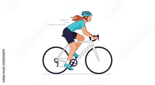 Active woman riding a racing bicycle in athletic apparel and protective headwear demonstrating speed and motion outdoors during a healthy exercise activity capturing the essence of cycling as a