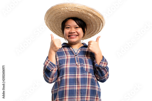 Photos Cheerful young Asian farmer woman giving double thumbs up