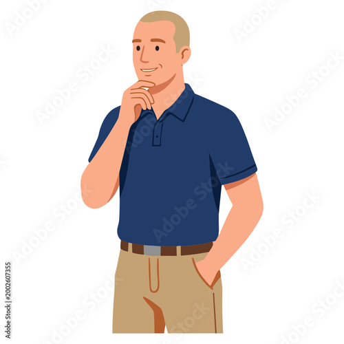 A man in a blue shirt is thinking with his hand on his chin.