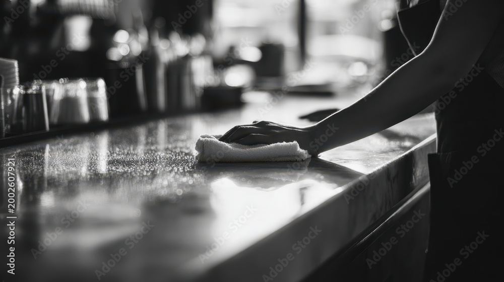 Obraz premium Working hand cleaning bar counter with cloth in poor light environment showing effort and care in monochrome style