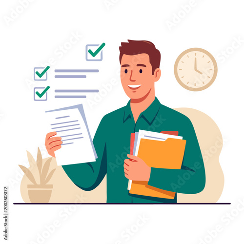 Man holding checklist and files in office with clock