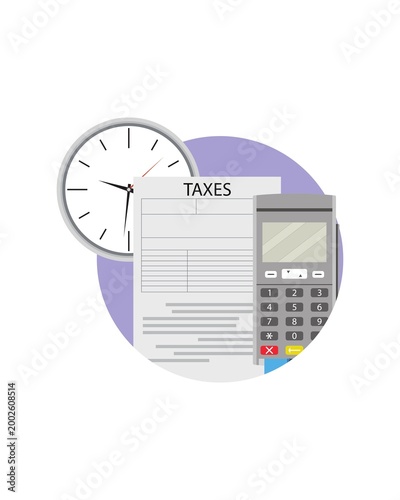 Bild auf Leinwand Tax return document with analog clock and credit card payment terminal machine