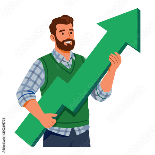 A man holding a large green arrow pointing upward in a graphic illustration.